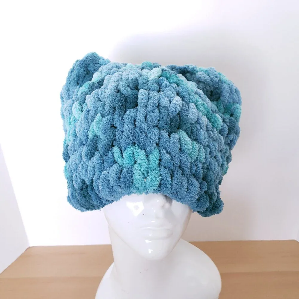 Women's New Handmade Chunky Crochet Soft Fluffy Blue Cat Ears Beanie One Size